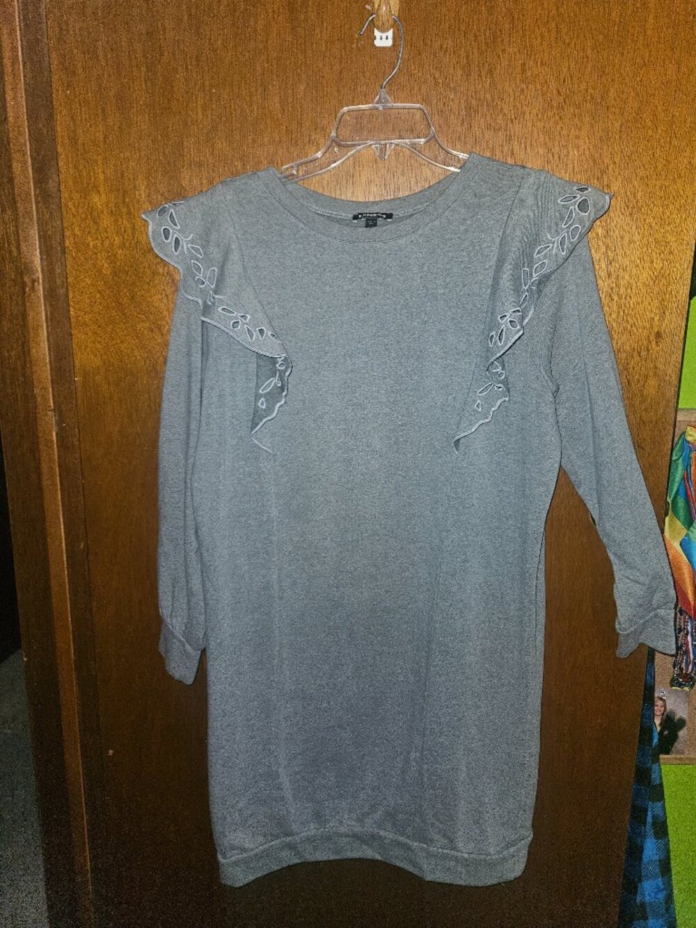 EXPRESS Grey Ruffle Eyelet Shoulder Sweatshirt Dress - Medium